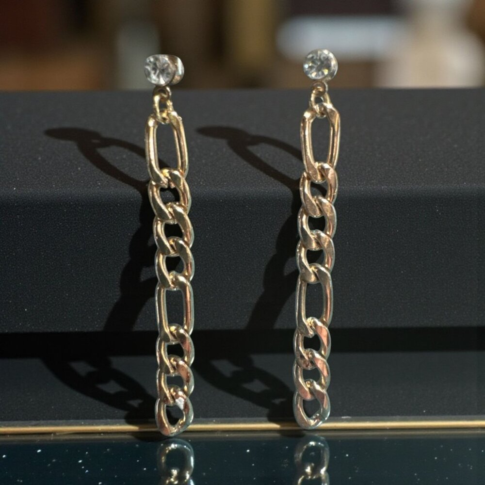 Gold Chain-Link Drop Earrings With Crystal Studs